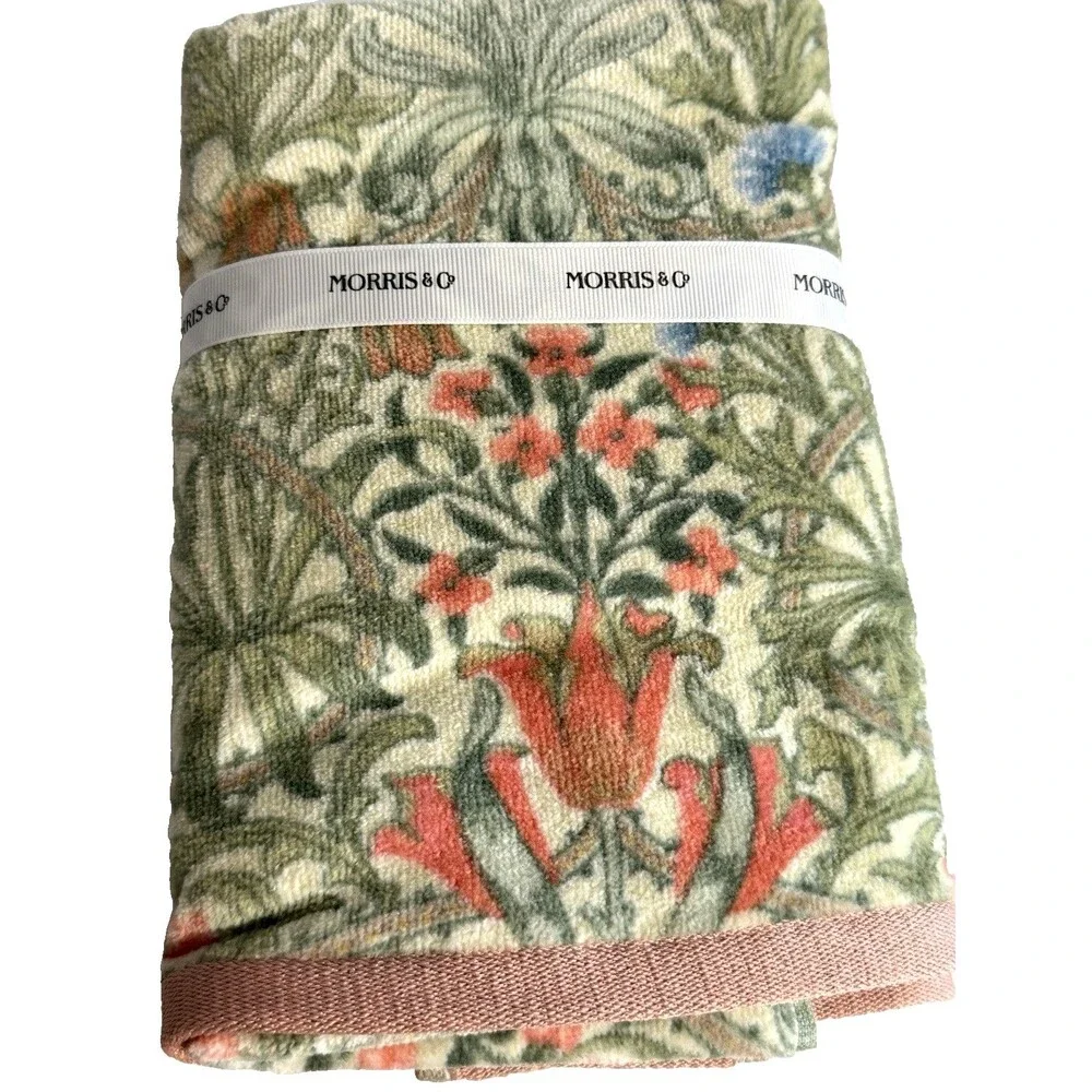 Morris & Co Woodland Weeds 2 Bath and 2 Hand Towels Plush Green Peach Set of 4
